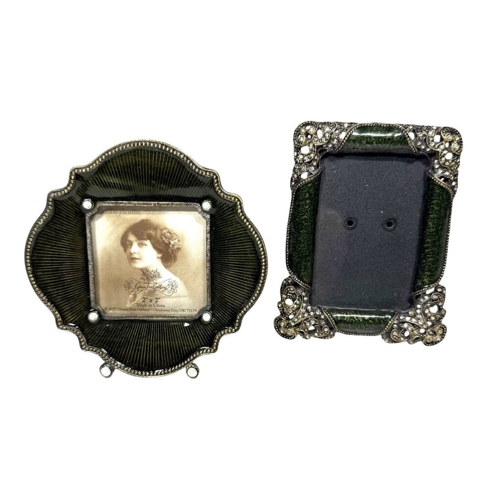 Bonne Année 3" Marbled Enamel Photo Frame Pair w/Rhinestones Green Tree Gallery